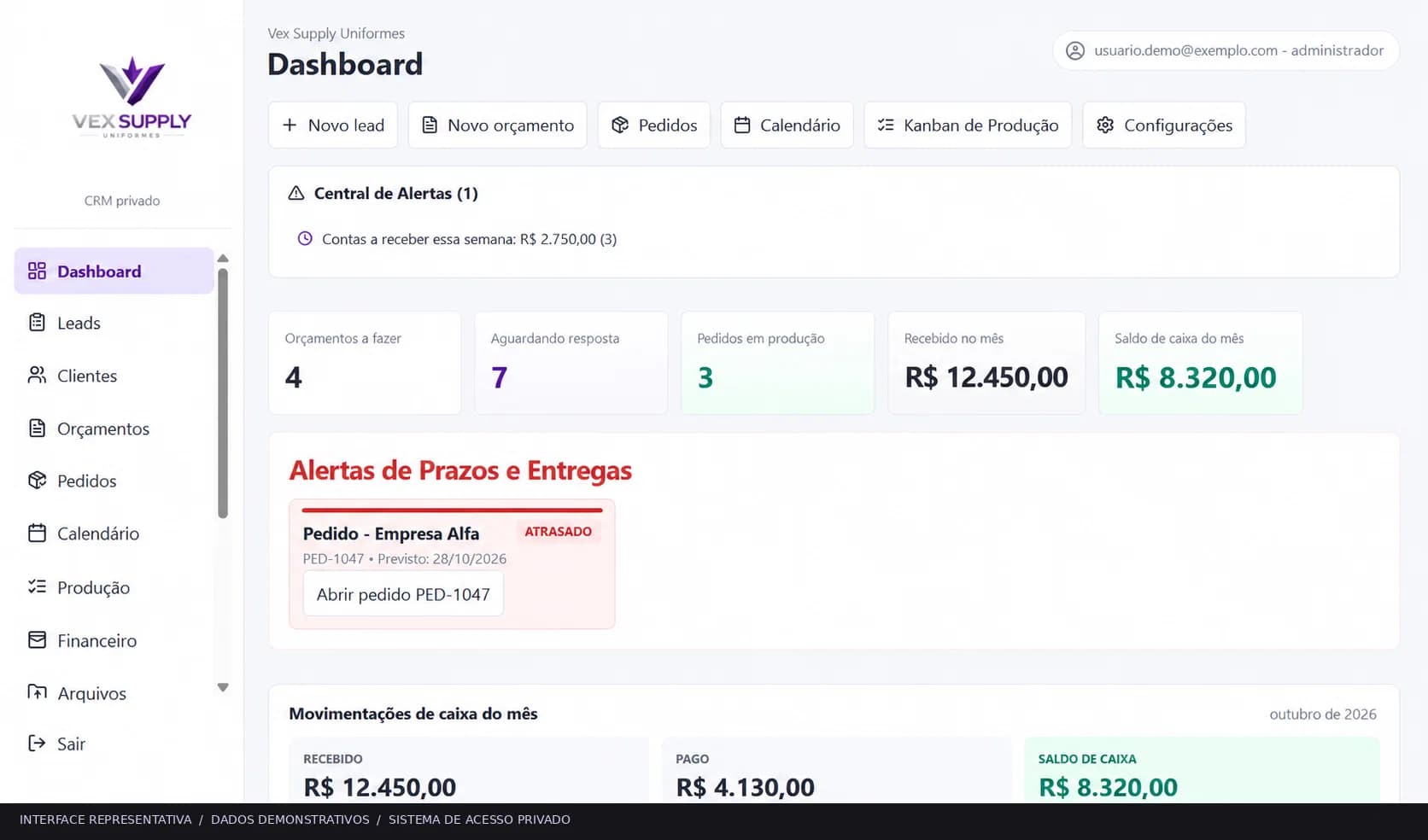 Dashboard do CRM Vex Supply