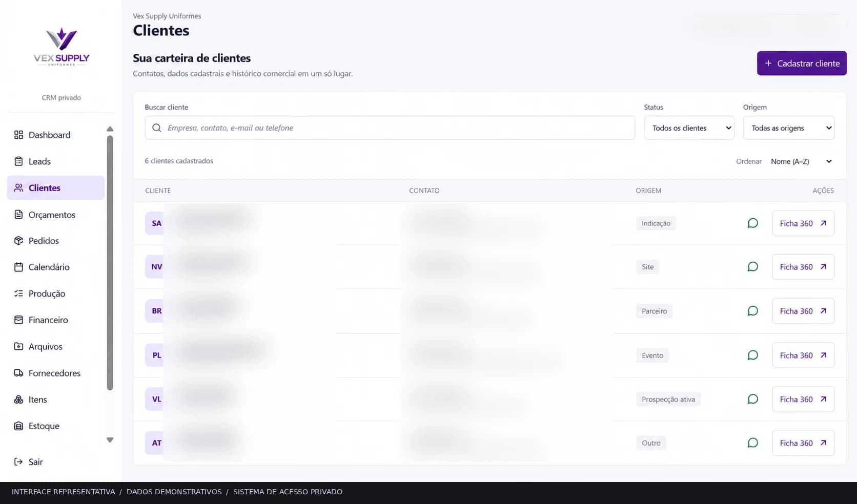 Tela de clientes do CRM Vex Supply