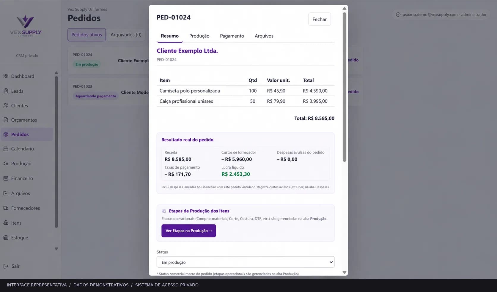 Resumo de pedido no CRM Vex Supply