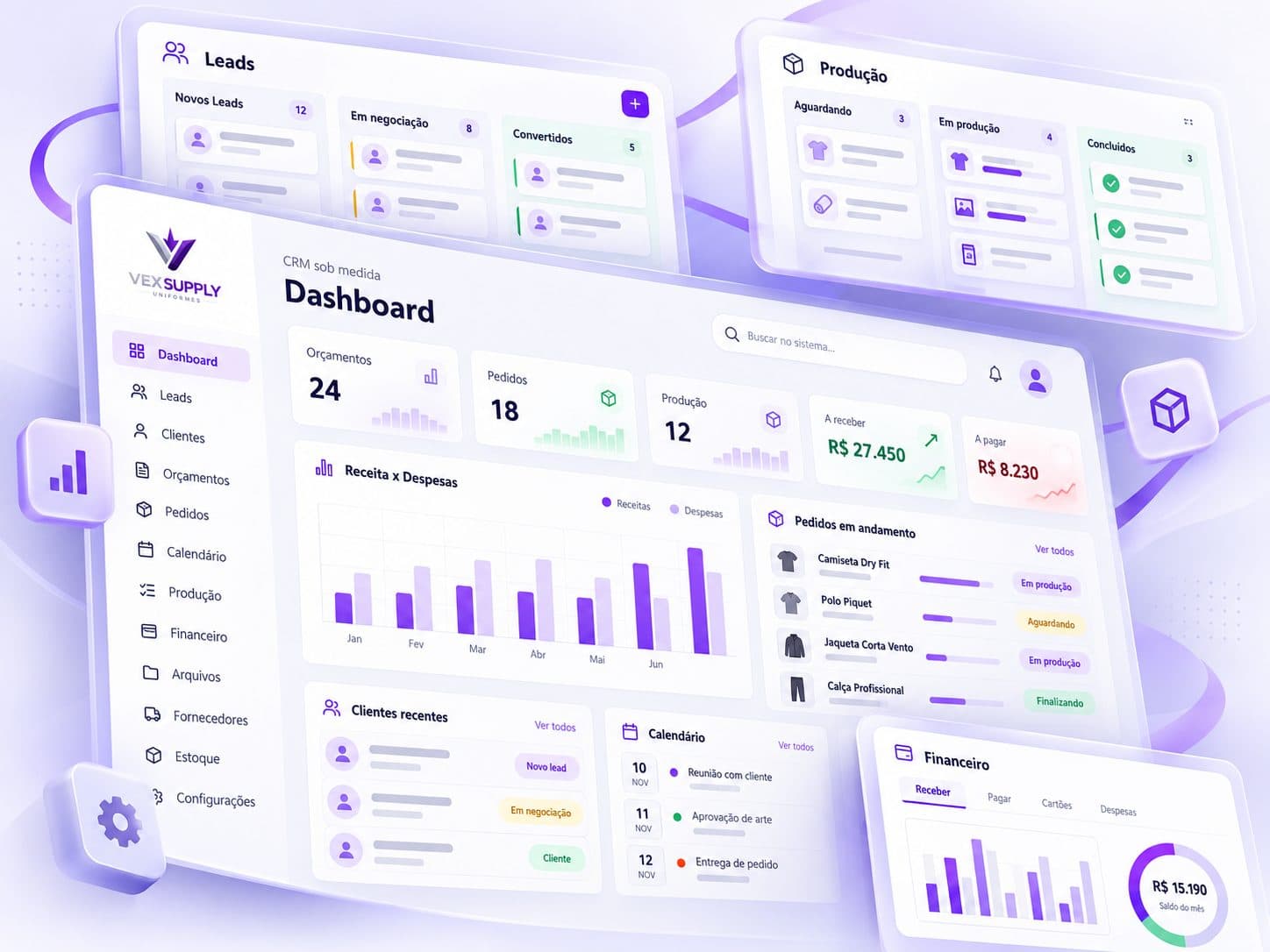 Visão geral do dashboard do CRM Vex Supply
